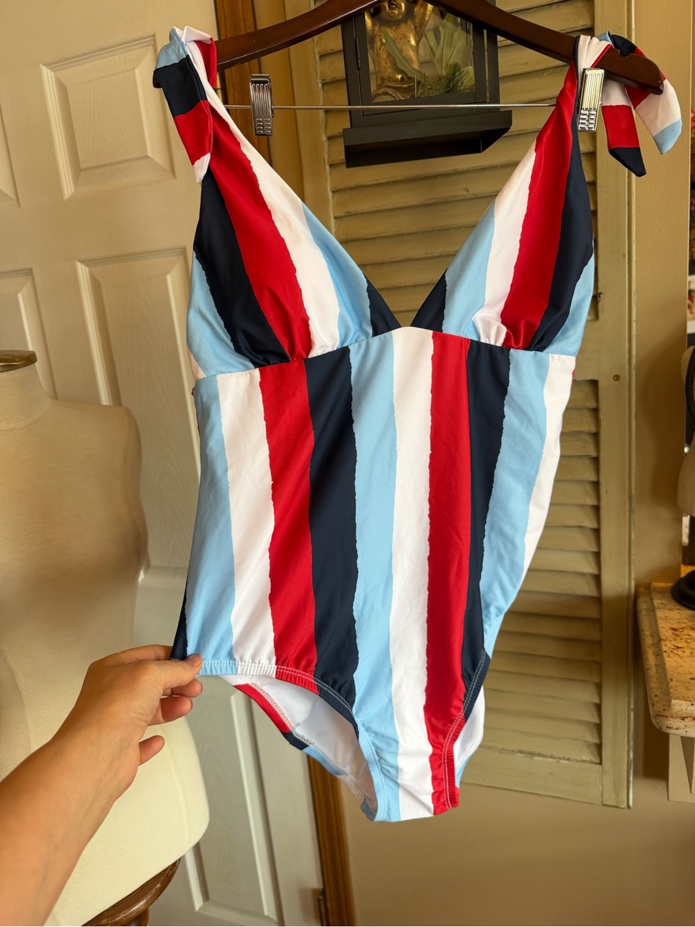 Beautiful Red, Light Blue, Navy & White Striped One-Piece Swimsuit